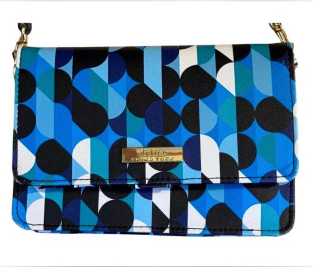 Trina Turk Blue Geometric Print Saffiano Crossbody Wallet Bag